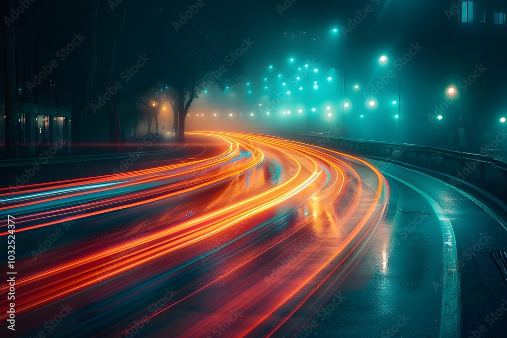 Captivating Night Scene of Light Trails on a Foggy Road Captivating Night Scene of Light Trails on a Foggy Road
