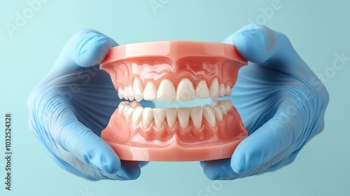Two hands wearing blue medical gloves hold a dental model showing upper and lower teeth. Denture, Oral Health, Dentistry, Dental Hygiene, Prosthetics, Tooth Care, Generated AI