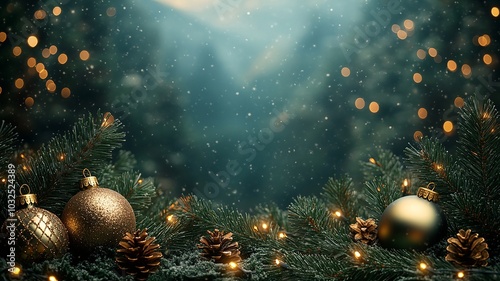 Decorative Christmas Ornaments and Pine Cones With Soft Snowfall in Winter Forest. Generative AI