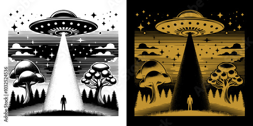 ufo in the sky with lights on the forest 