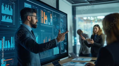 Diverse Business Team Collaborating In Modern Office, Analyzing Financial Statistics On Large Display Screen Together.