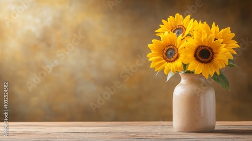 Bright sunflowers in a rustic vase on a wooden table