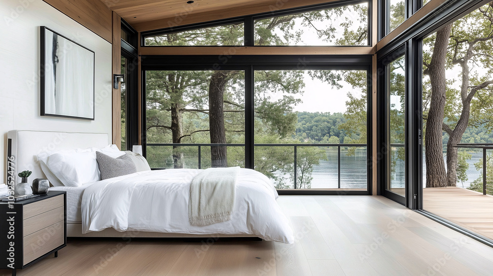 Minimalist bedroom with a large open window, crisp white bedding, and minimal decor on nightstands Minimalist bedroom with a large open window, crisp white bedding, and minimal decor on nightstands
