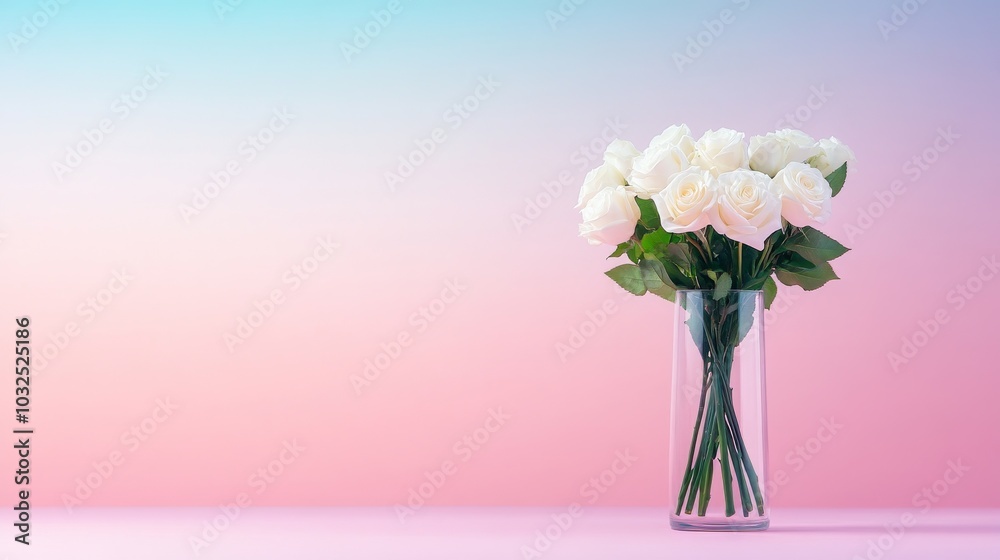 Obraz premium Elegant white roses in a glass vase on pastel background