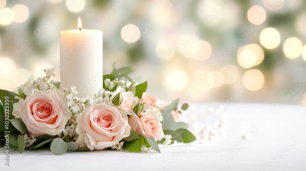 Elegant floral arrangement with candle and soft bokeh background Elegant floral arrangement with candle and soft bokeh background