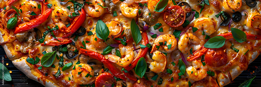 Fototapeta premium Vegan seafood pizza with plant-based seafood and dairy-free cheese