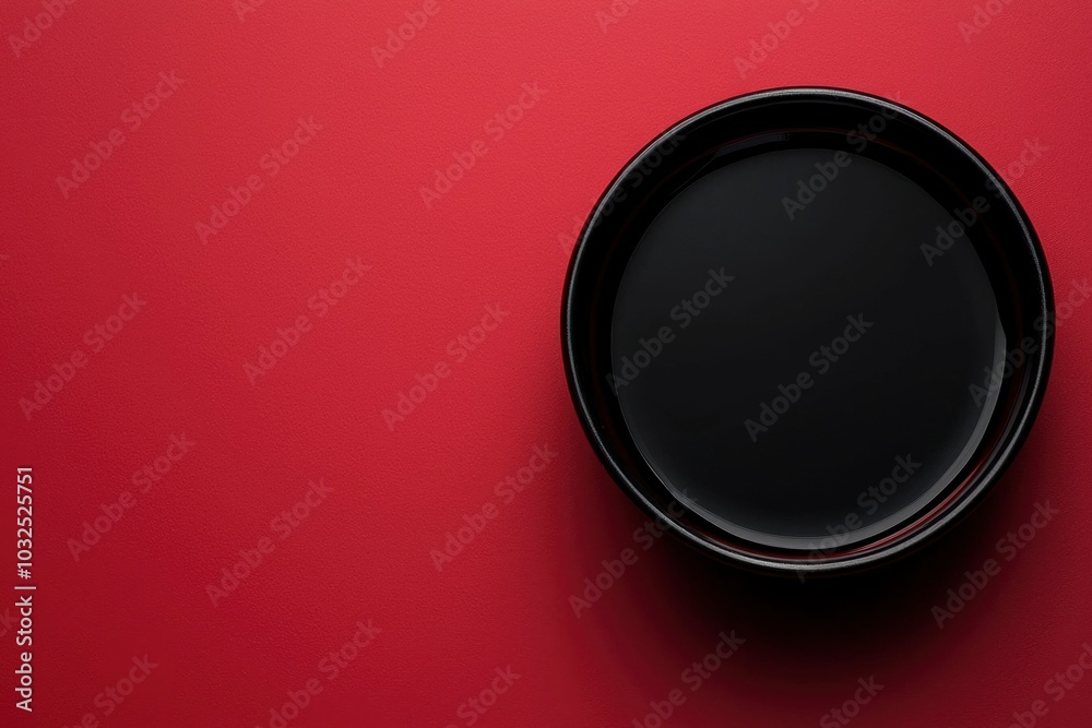 Black Bowl of Liquid on a Red Background Black Bowl of Liquid on a Red Background