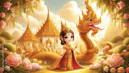 A whimsical cartoon-style depiction of a young Thai princess in a traditional golden and red outfit, adorned with intricate patterns. She stands gracefully beside a majestic, golden-scaled Naga serpen photo