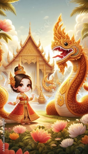 A whimsical cartoon-style depiction of a young Thai princess in a traditional golden and red outfit, adorned with intricate patterns. She stands gracefully beside a majestic, golden-scaled Naga serpen photo