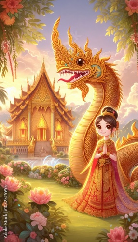 A whimsical cartoon-style depiction of a young Thai princess in a traditional golden and red outfit, adorned with intricate patterns. She stands gracefully beside a majestic, golden-scaled Naga serpen