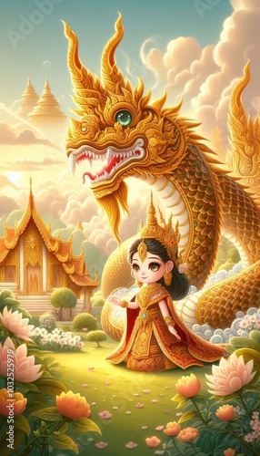 A whimsical cartoon-style depiction of a young Thai princess in a traditional golden and red outfit, adorned with intricate patterns. She stands gracefully beside a majestic, golden-scaled Naga serpen photo