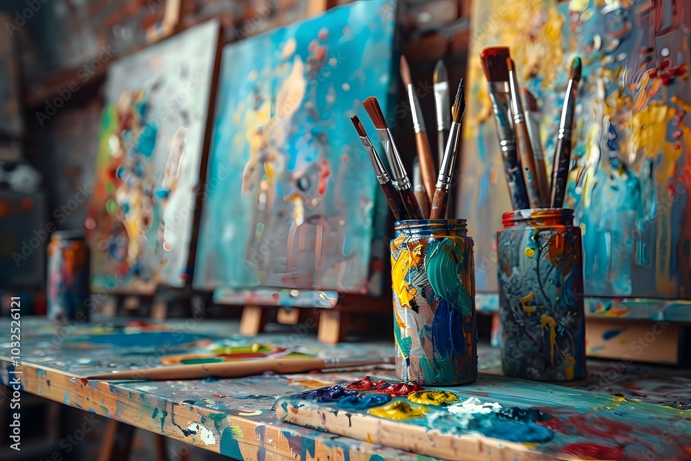 Vibrant Artist's Studio with Colorful Canvases and Paintbrushes Vibrant Artist's Studio with Colorful Canvases and Paintbrushes