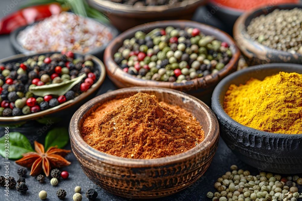 A Colorful Array of Spices and Seasonings in Rustic Bowls