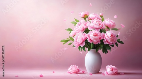 Elegant bouquet of pink peonies in a white vase