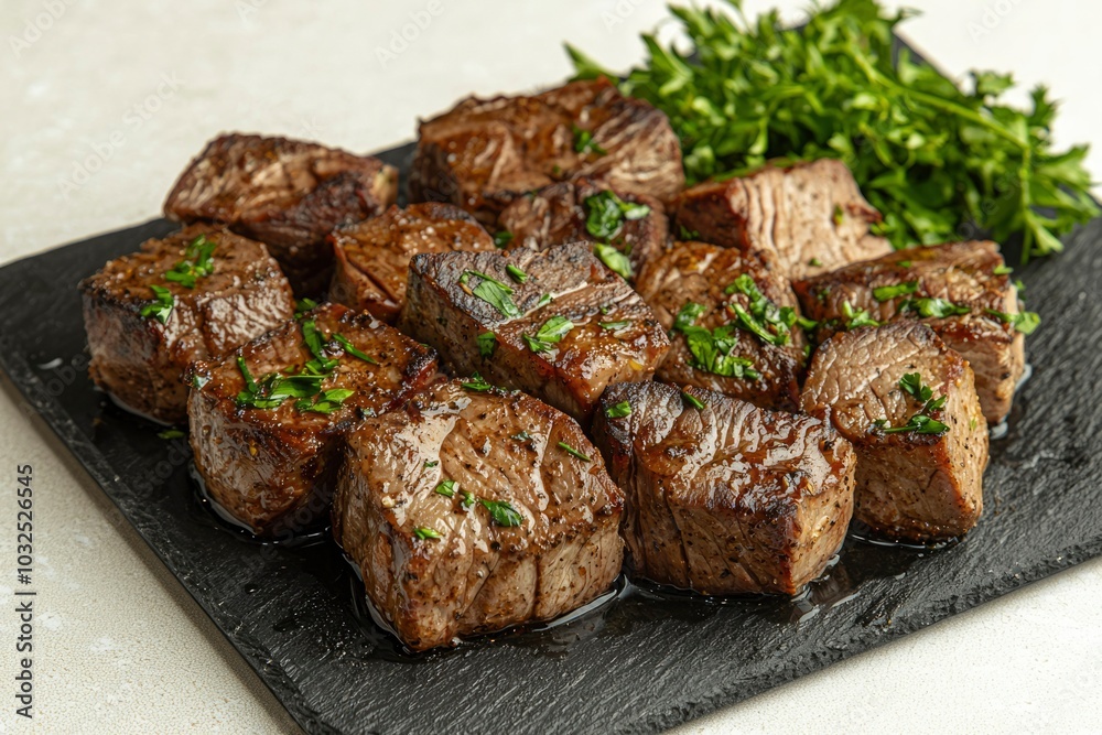 Grilled Beef Cubes with Parsley on a Black Slate Plate