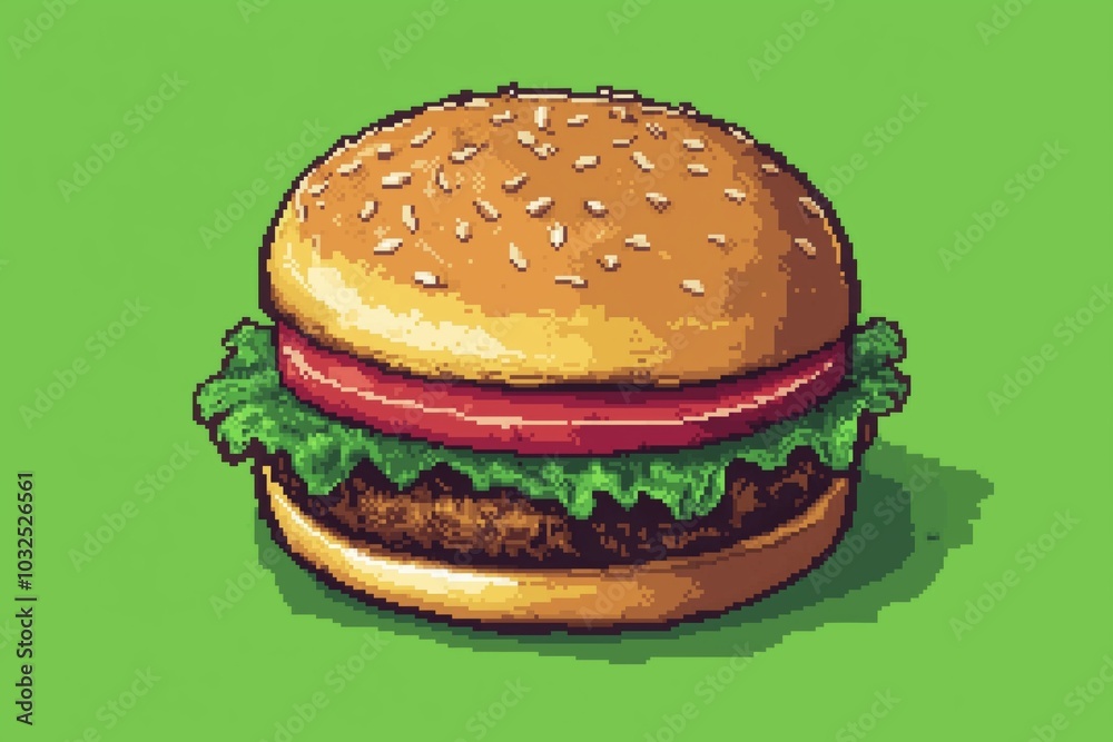 A cartoon drawing of a hamburger with lettuce and tomato on top. The burger is sitting on a green background Pixel art. A cartoon drawing of a hamburger with lettuce and tomato on top. The burger is sitting on a green background Pixel art.