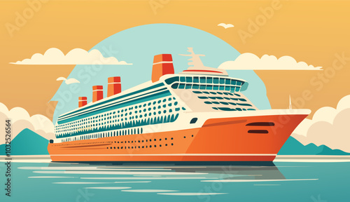 Vintage retro poster cruiseship cruise ship vacation ad, pastel soft shadows