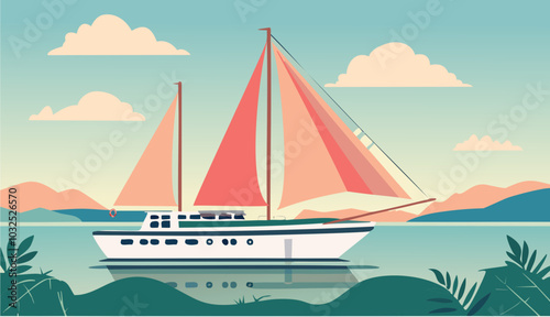 Vintage retro poster sailboat vacation ad, pastel soft shadows