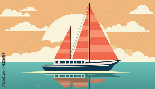 Vintage retro poster sailboat vacation ad, pastel soft shadows