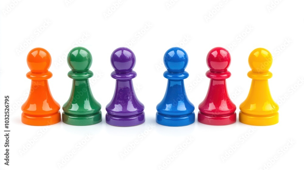 A row of colorful game pieces arranged in order. A row of colorful game pieces arranged in order.