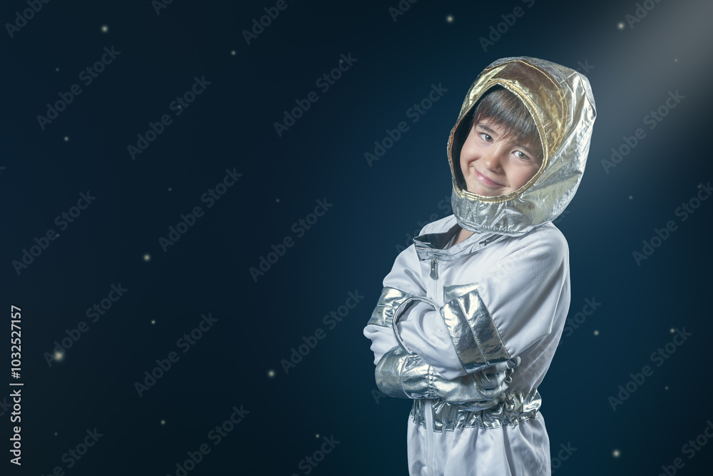 A young child in a silver spacesuit is smiling and posing for a picture A young child in a silver spacesuit is smiling and posing for a picture