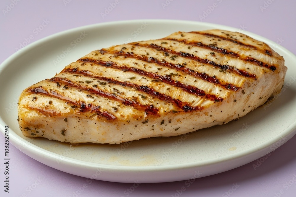 Grilled Chicken Breast with Grill Marks and Herbs on a White Plate Grilled Chicken Breast with Grill Marks and Herbs on a White Plate