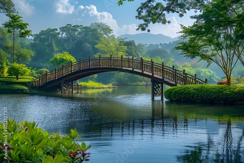 Serene Landscape with a Wooden Bridge Over Tranquil Waters