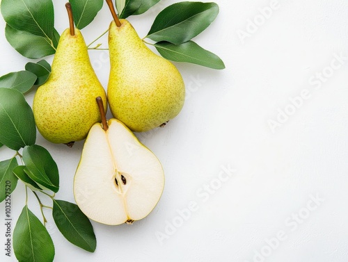 Fresh Green Pears Trio - Close-up Macro View with Vibrant Leaves on White Background Natural Beauty and Simplicity for Food and Lifestyle Concepts