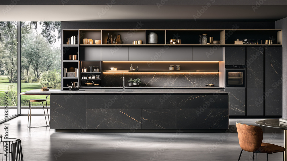Minimalist kitchen with sleek countertops and open shelving Minimalist kitchen with sleek countertops and open shelving