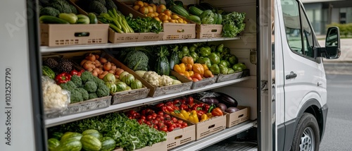 Wallpaper Mural Vibrant Fresh Produce Display in White Van Interior - Colorful Harvest Organized on Shelves, Street Background - Healthy Eating Concept Torontodigital.ca
