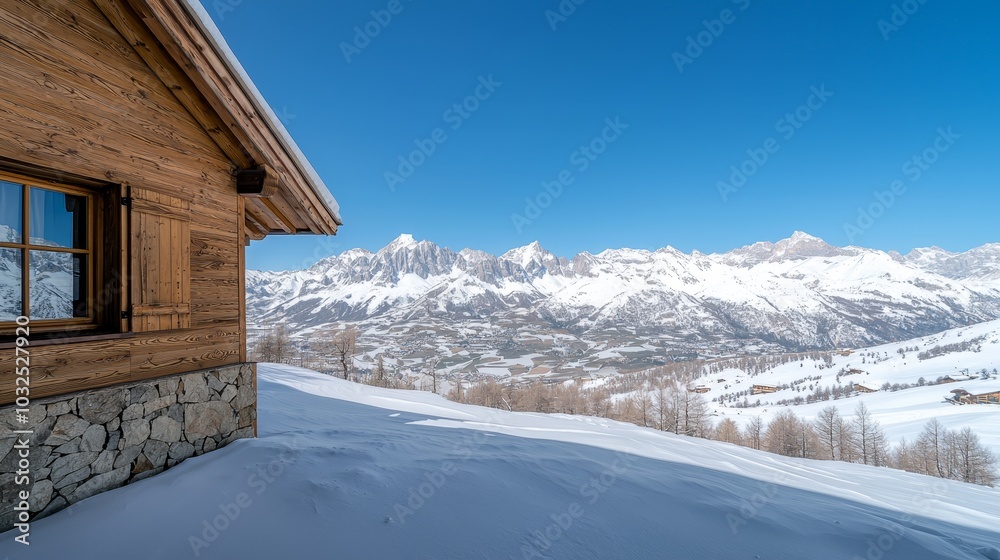 Idyllic Winter Retreat Rustic Wooden Cabin Amidst Snowy Alps, Serene Mountain Landscape for Travel and Nature Concepts Idyllic Winter Retreat Rustic Wooden Cabin Amidst Snowy Alps, Serene Mountain Landscape for Travel and Nature Concepts