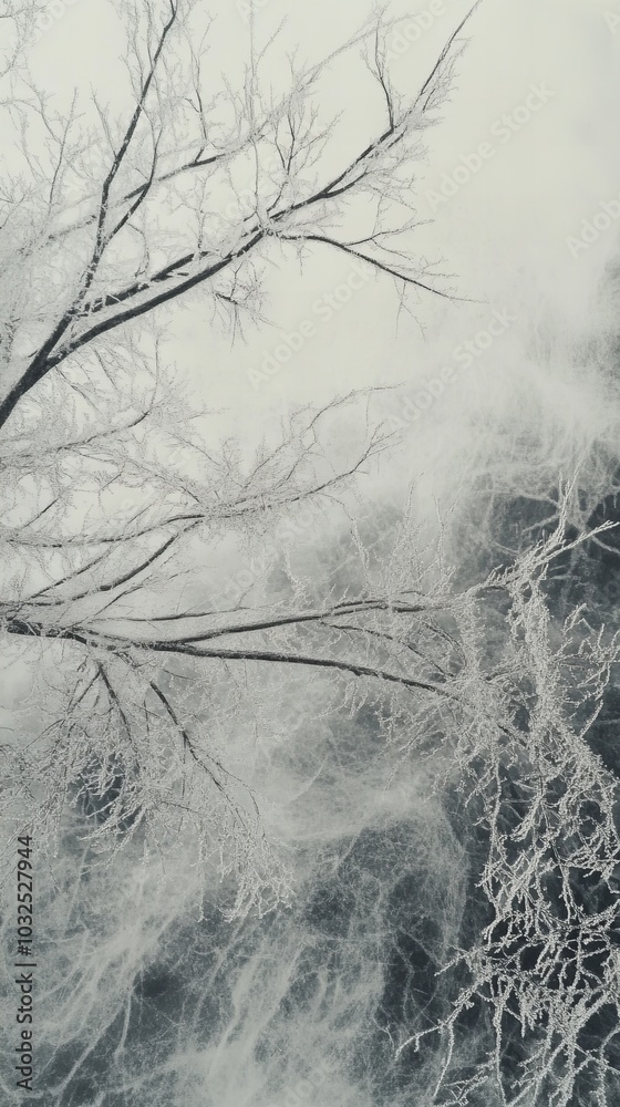 A frosty winter scene with branches covered in ice crystals. The trees are bare and the sky is gray.