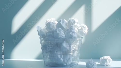 Crumpled paper balls in wire mesh trash can with overflow