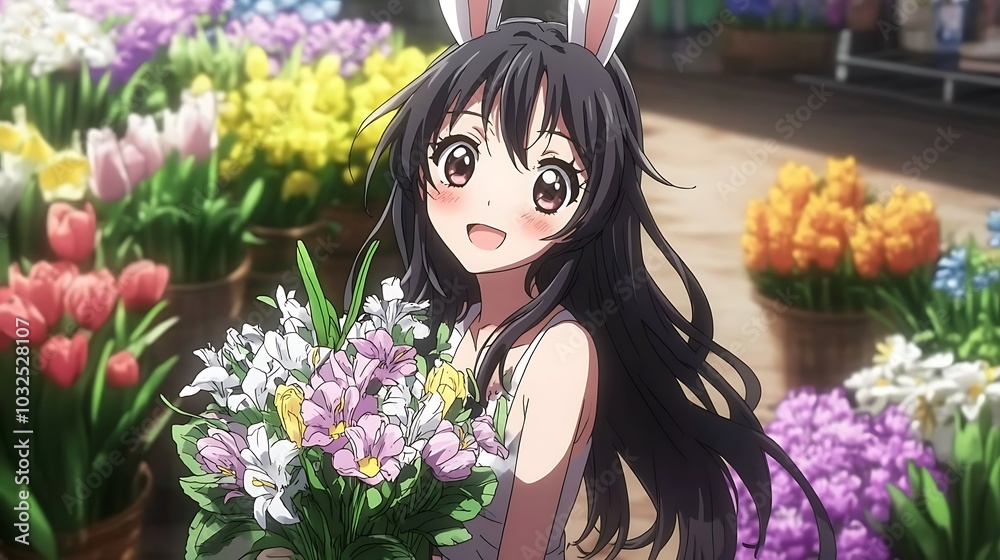 Anime Girl with Bunny Ears Holding Flowers. Anime Girl with Bunny Ears Holding Flowers.