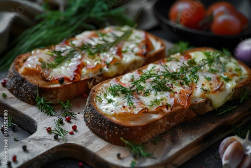 Deliciously Melted Cheese Toast with Fresh Herbs and Tomatoes