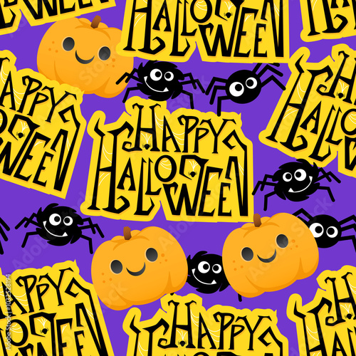 Purple Halloween seamless pattern with Spiders and Happy Halloween lettering