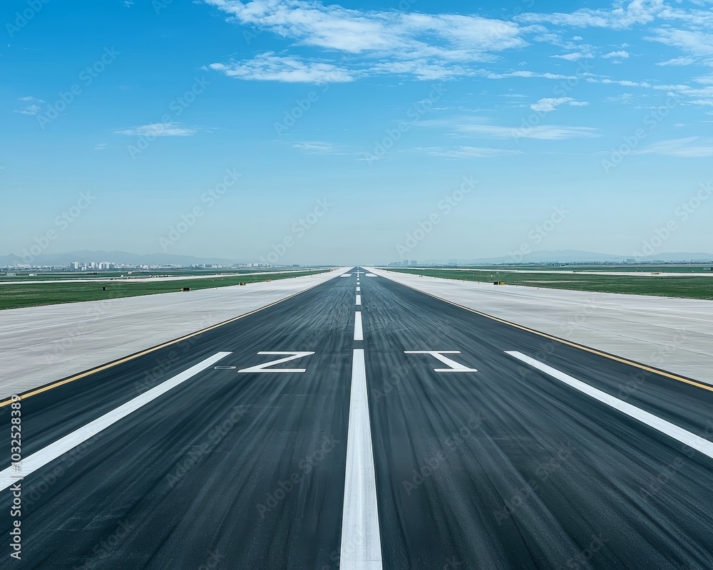 Fototapeta premium Symmetrical Airport Runway Leading to Horizon, Urban Skyline View, Aviation Concept