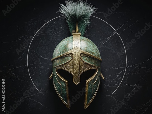 Majestic Green and Gold Spartan Helmet on Dark Marbled Background - Detailed Historical Warrior Armor