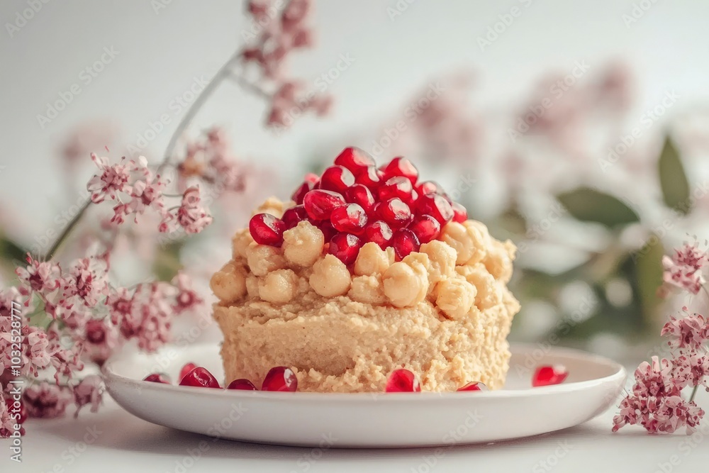 Hummus topped with pomegranate seeds on a white plate Hummus topped with pomegranate seeds on a white plate