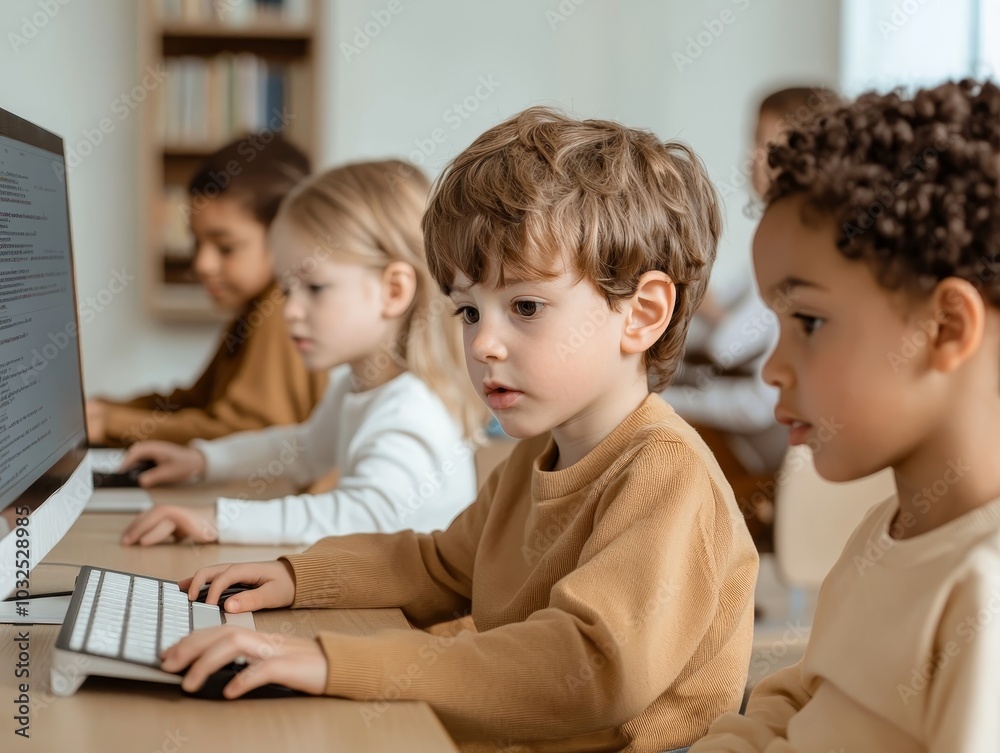 Focused Young Boy Learning on Computer in Classroom, Education Concept in Warm Earth Tones Focused Young Boy Learning on Computer in Classroom, Education Concept in Warm Earth Tones