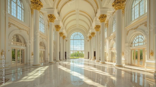 Symmetrical Elegance Grand Hall with Arched Window and Gold Trim, Luxurious Interior Design Concept for Events and Hospitality