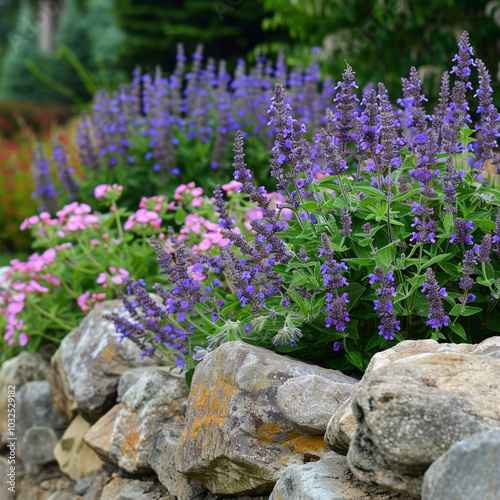 Salvia Flowers and Rock Retaining Wall