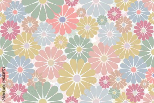 Flower  fabric Pattern Pastel Floral Mosaic: Retro-Inspired Daisy Pattern