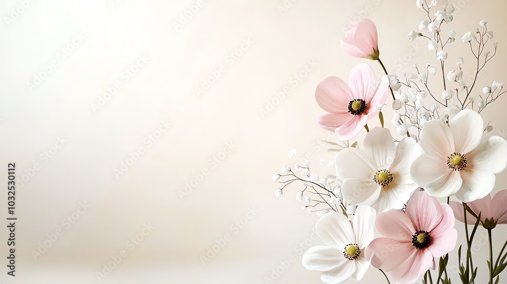 Fototapeta premium Minimalist watercolor cosmos flowers in soft pink and white, arranged on a light cream background, seamless design