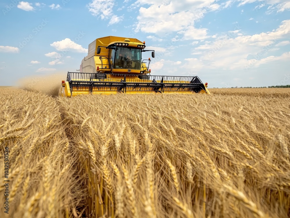 Fototapeta premium Golden Harvest Close-Up of Yellow Combine Harvester in Ripe Wheat Field under Sunny Skies - Agricultural Farming Concept