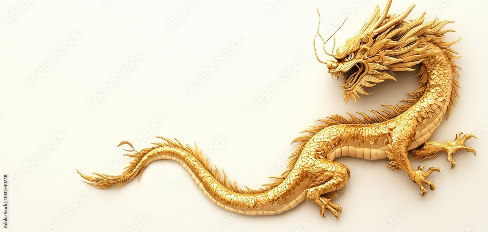 Fototapeta premium Golden Dragon Majesty - Intricately Detailed Chinese Symbol of Power and Luck in Closeup View on White Background for Designs with Mythological, Festive, or Mystical Themes