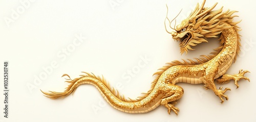 Golden Dragon Majesty - Intricately Detailed Chinese Symbol of Power and Luck in Closeup View on White Background for Designs with Mythological, Festive, or Mystical Themes