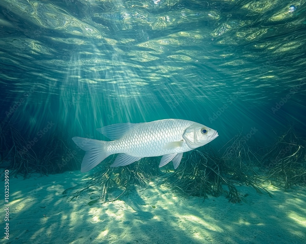 Gleaming White Fish in Clear Aquatic Serenity - Underwater Close-Up in Blue-Green Shallows, Nature's Tranquility Gleaming White Fish in Clear Aquatic Serenity - Underwater Close-Up in Blue-Green Shallows, Nature's Tranquility