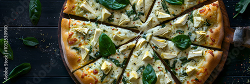 Vegan spinach and artichoke pizza with cashew cheese and fresh herbs