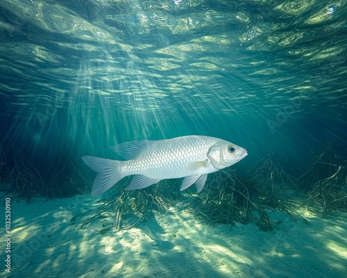 Gleaming White Fish in Clear Aquatic Serenity - Underwater Close-Up in Blue-Green Shallows, Nature's Tranquility